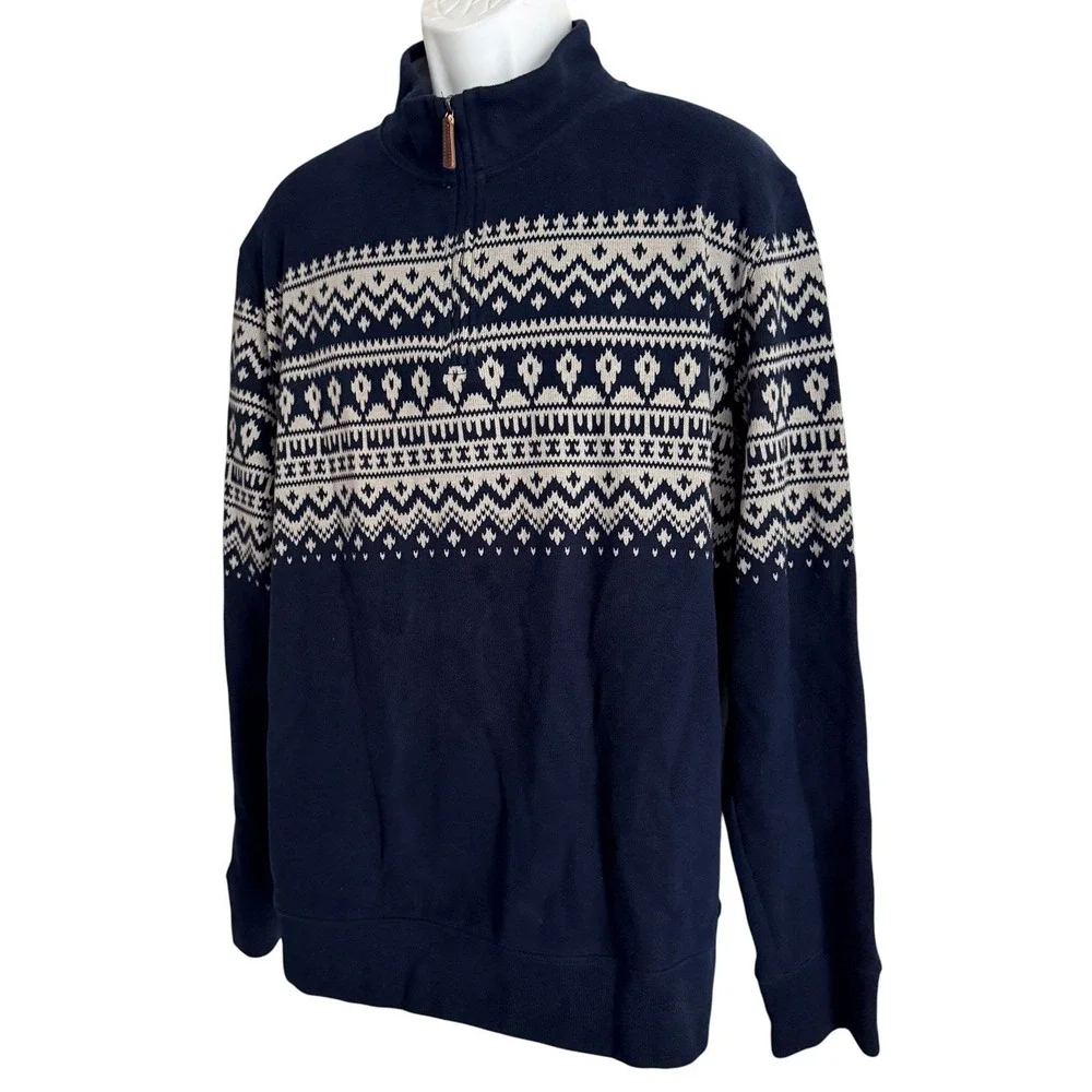 Lands End Men's L Fair Isle Nordic Quarter Zip Sweater Navy 100% Cotton 42-44
